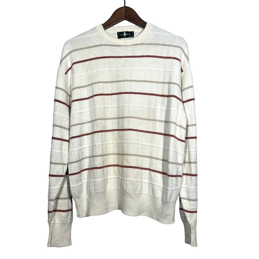 Vintage 80s Hunt Club Striped Crewneck Sweater Knit Top Pullover Cream - M